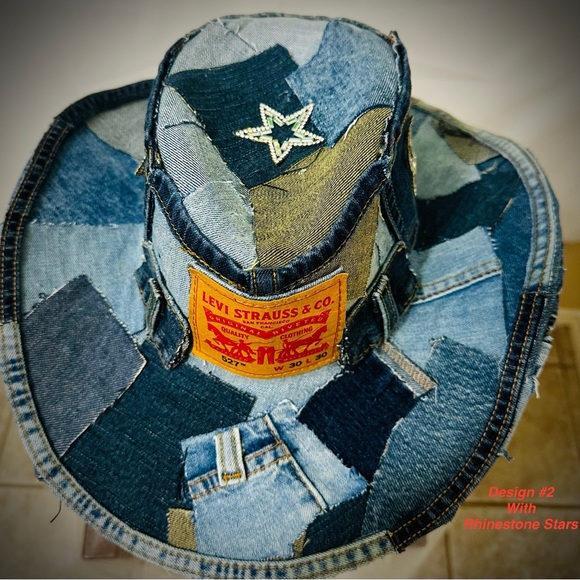 Levi’s Denim Cowboy Hat | Unisex Western Patchwork | Optional Rhinestone Stars - Picture 8 of 8